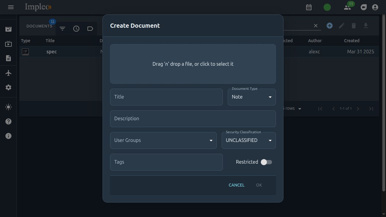 Create Document dialog